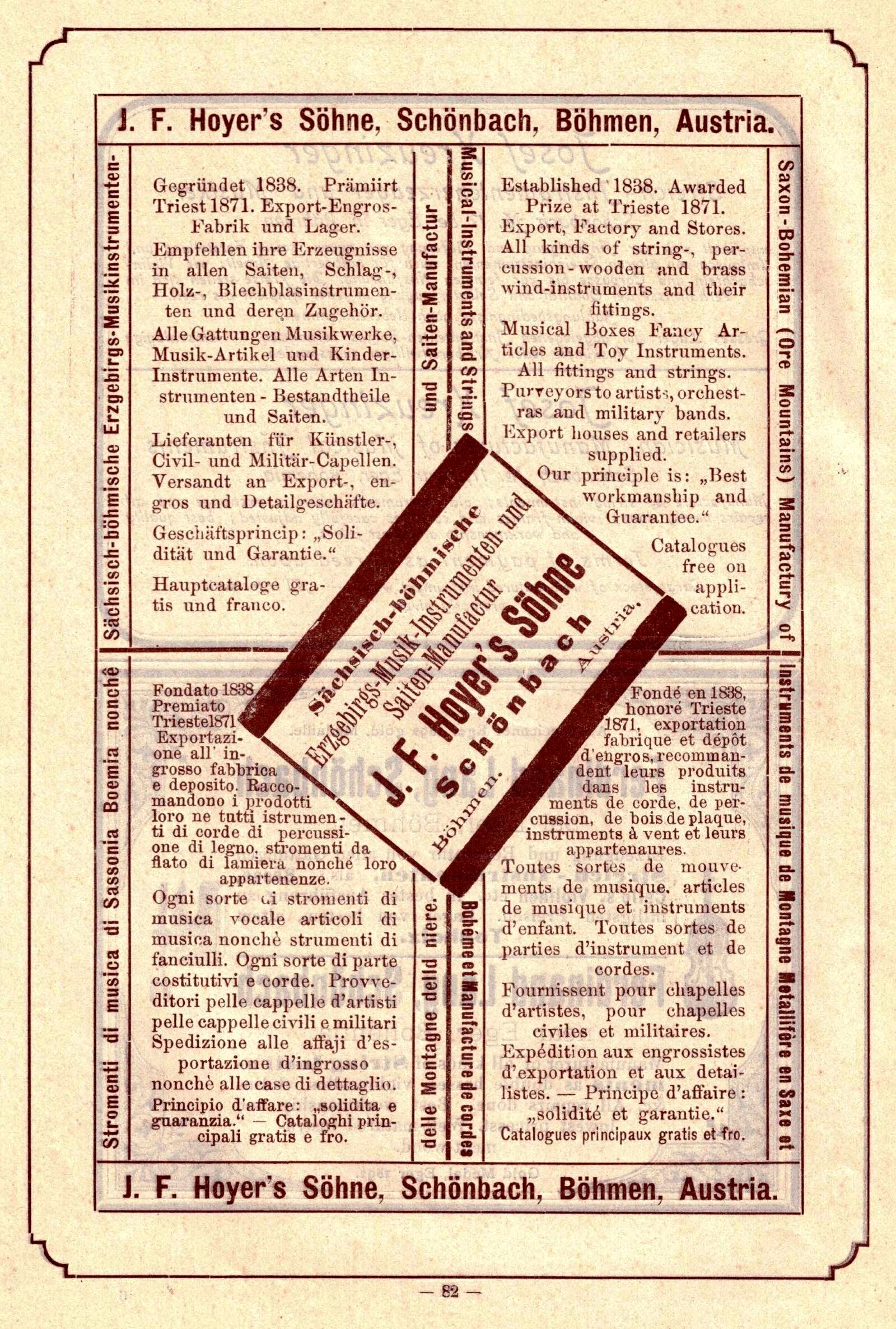 Full-page multi-language 1897 advertisement for J. F. Hoyer’s Söhne of Schönbach, Bohemia, Austria, with German, English, Italian and French product text arranged around a diagonal central company band noting the founding year 1838.