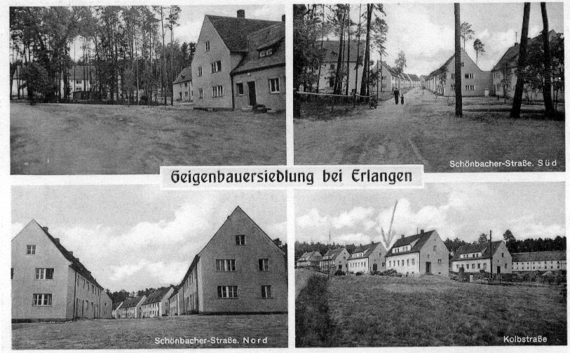 Four-panel black-and-white postcard titled “Geigenbauersiedlung bei Erlangen,” showing rows of simple gabled houses on Schönbacher-Straße Süd, Schönbacher-Straße Nord and Kolbstraße among pine trees.