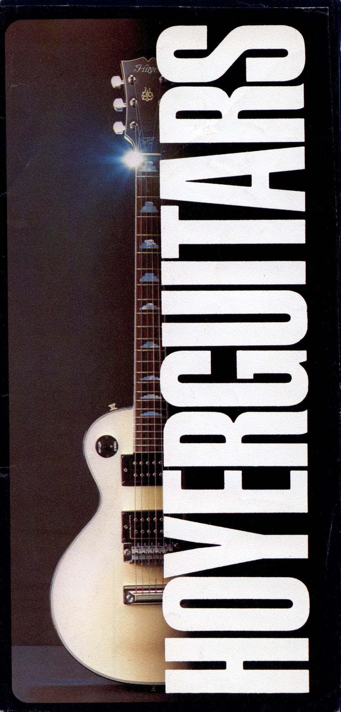 Tall dark flyer cover featuring a cream solid-body electric guitar with dual humbuckers beside huge vertical white HOYERGUITARS lettering and a bright lens flare on the headstock.